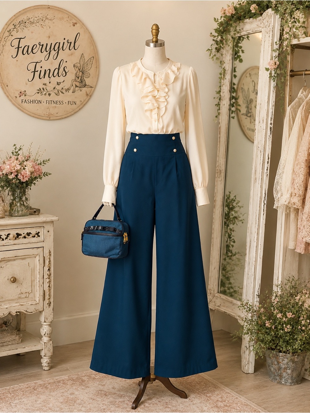 EUC LOFT Navy High-Waist Wide-Leg Trousers with Gold Buttons, SHEIN size M, bag